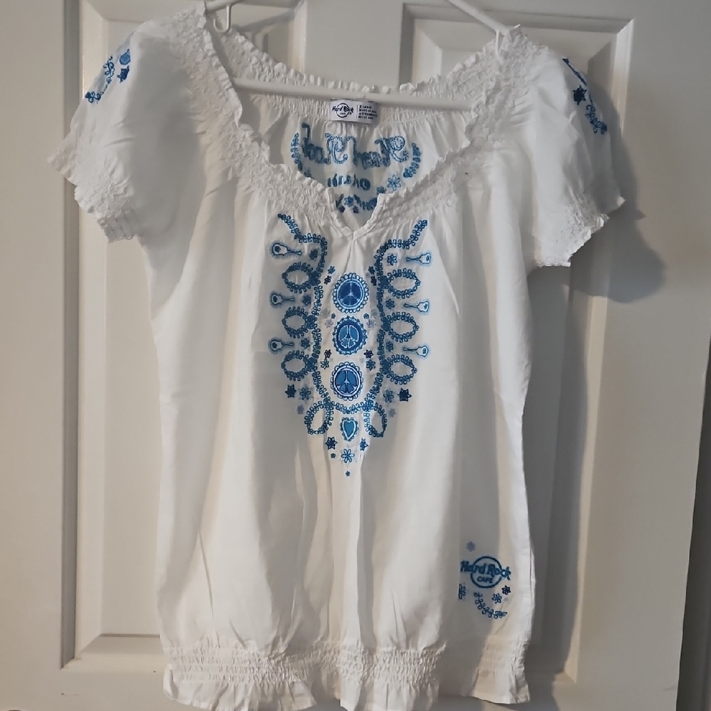 Hard Rock Cafe White Women's Embroidered Peasant Top with Blue Motifs